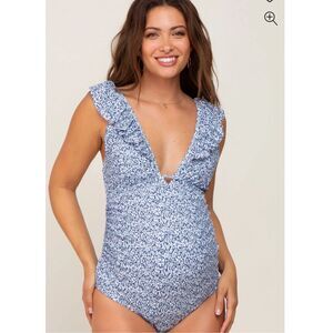 Pinkblush Blue Floral Ruffle Maternity One-Piece Swimsuit Size Medium
